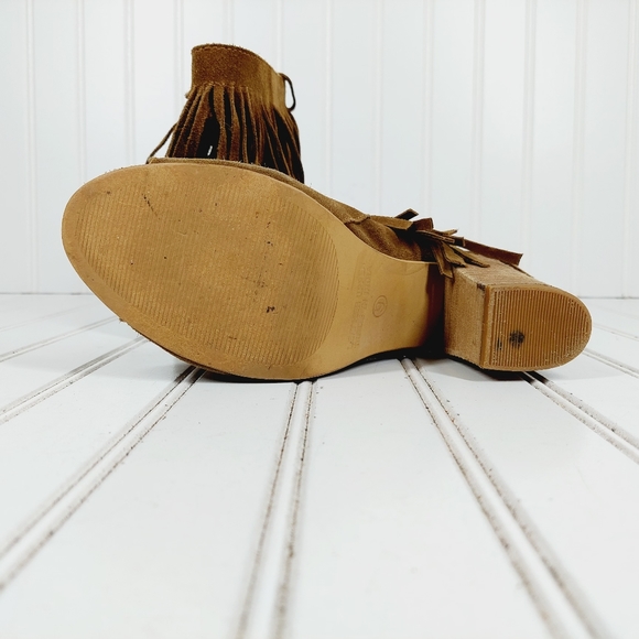 🔥 Carlos Santana Fringed Heeled Brown Suede Open Toe Ankle Booties - Picture 11 of 12